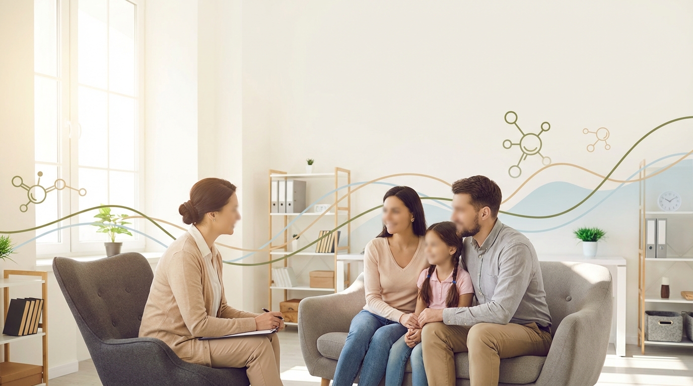 Terapeuta conversando com família; visual científico suave